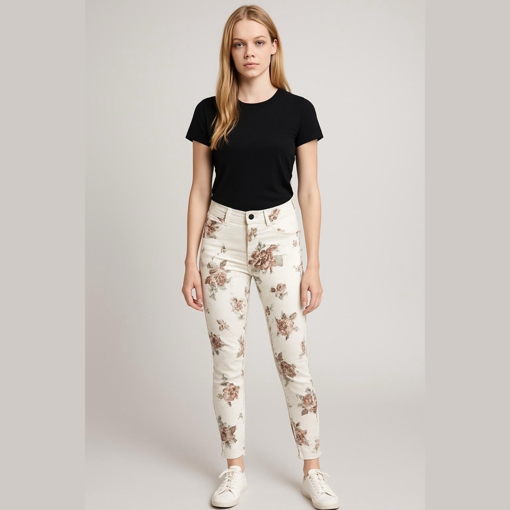 G.I.L.I. Ankle Jeggings Cream Denim Floral Size 2 Dual Stretch Jeans 27" inseam